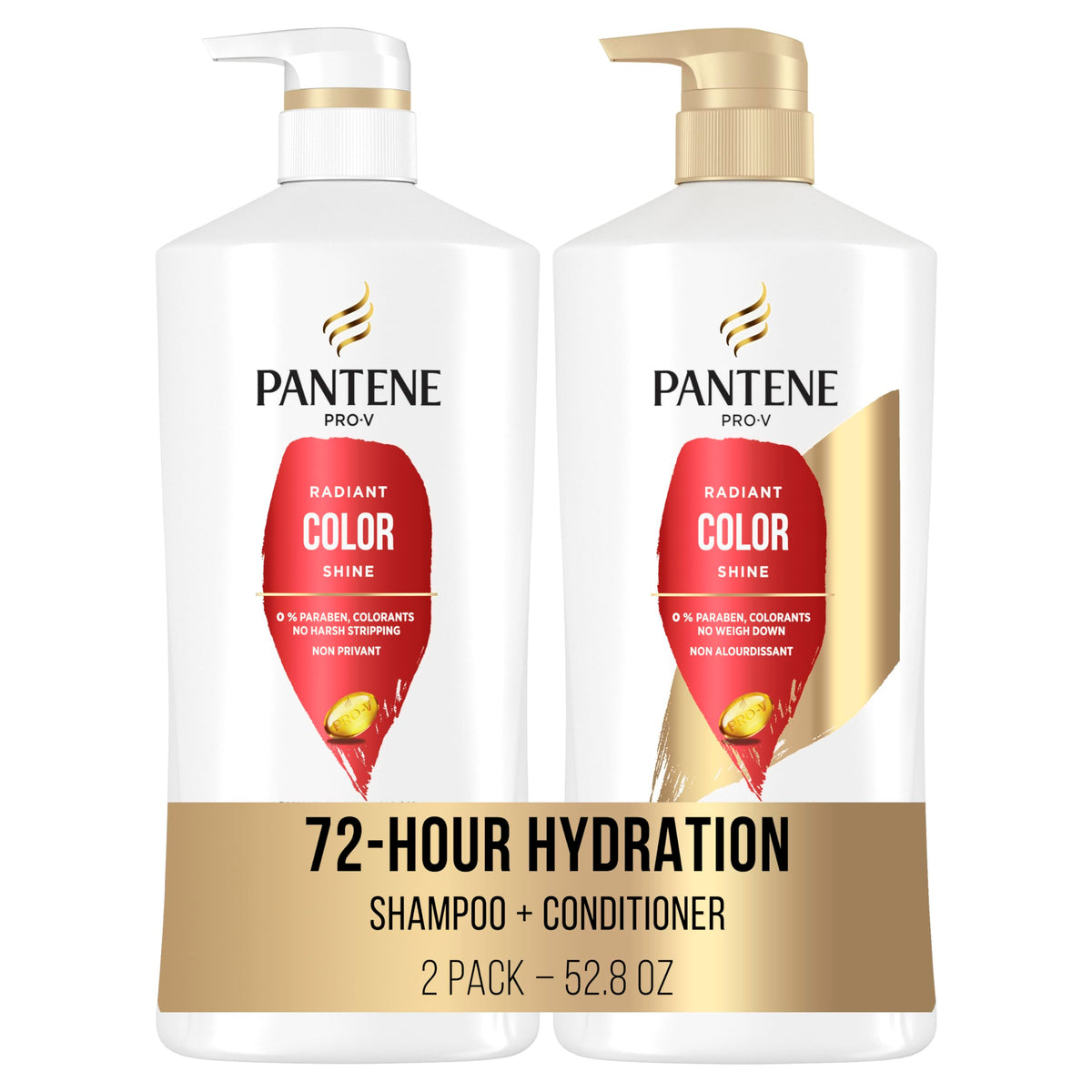 Pantene Radiant Color Shine shampoo bottle showing color-safe nourishment for vibrant hair