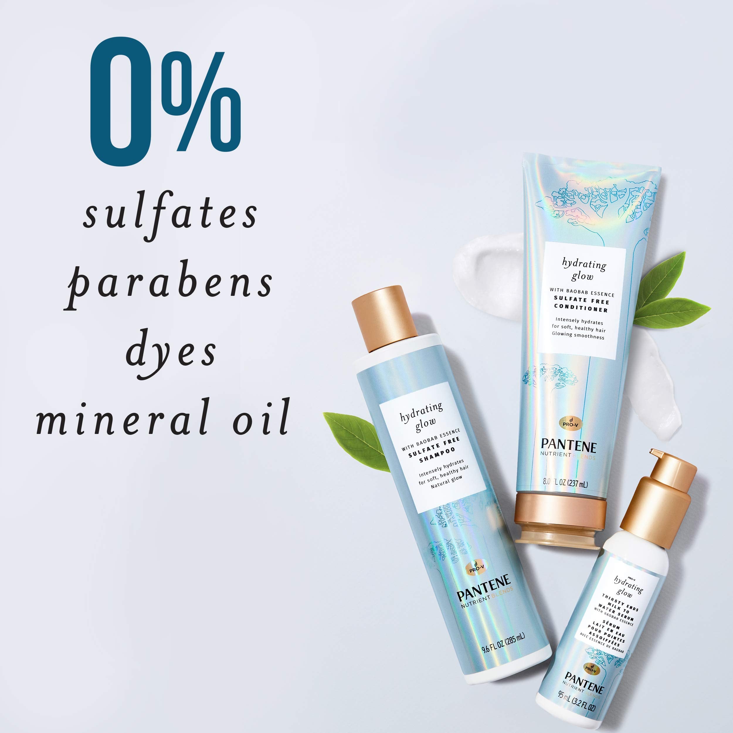 Pantene sulfate-free shampoo label communicates gentle cleansing for natural shine.