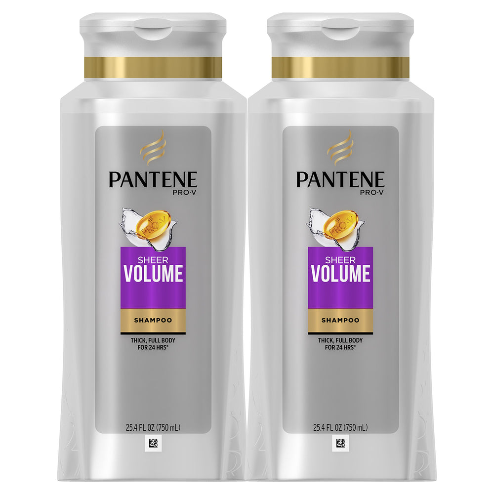 Pantene Sheer Volume Shampoo bottle close-up demonstrating lightweight care for volume