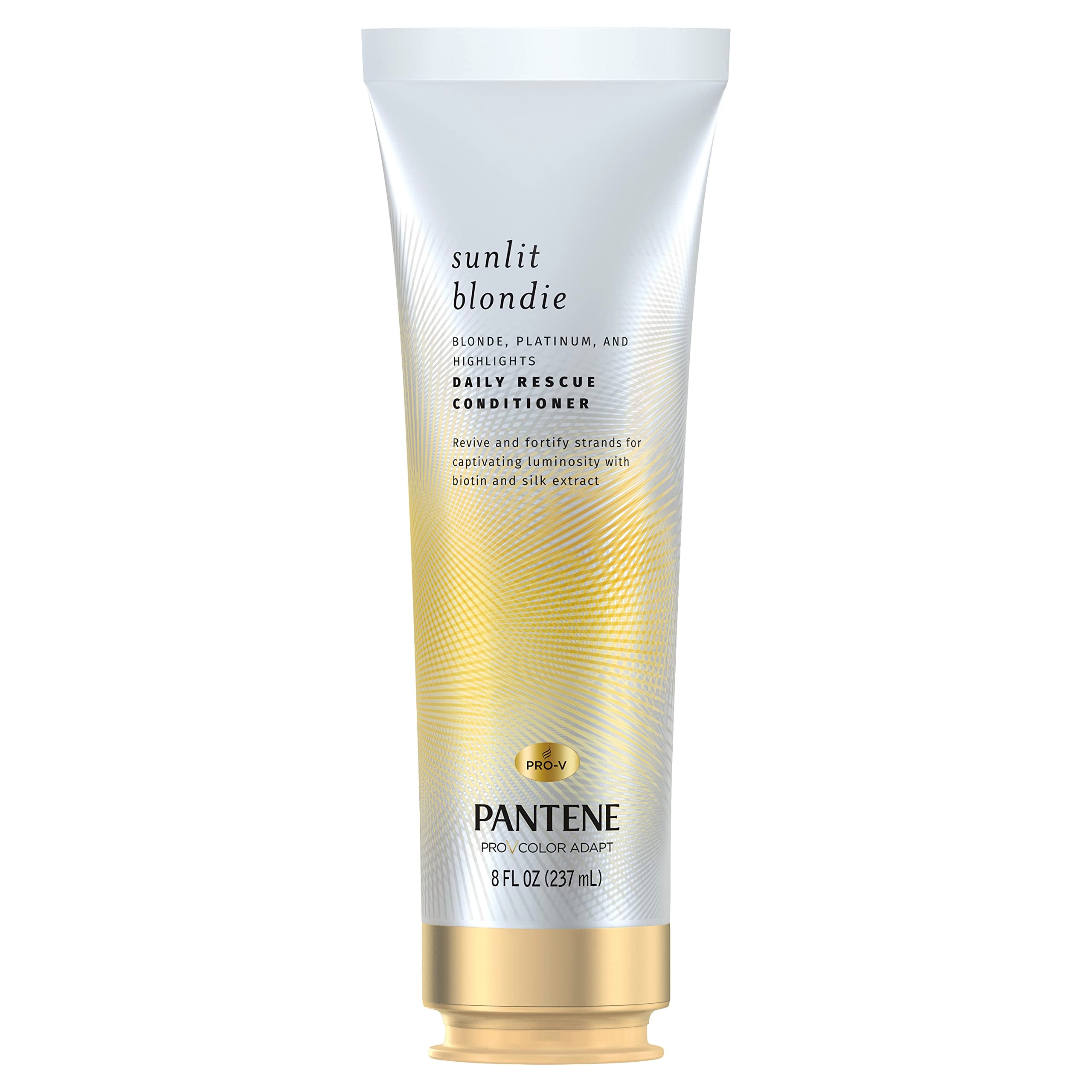 Pantene Sunlit Blondie Daily Rescue Conditioner bottle for blonde color-treated hair, boosts shine and softness.