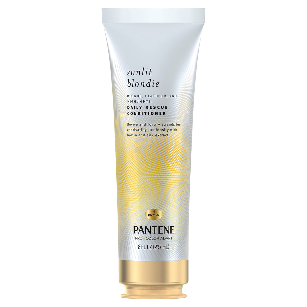 Pantene Sunlit Blondie Daily Rescue Conditioner bottle for blonde color-treated hair, boosts shine and softness.