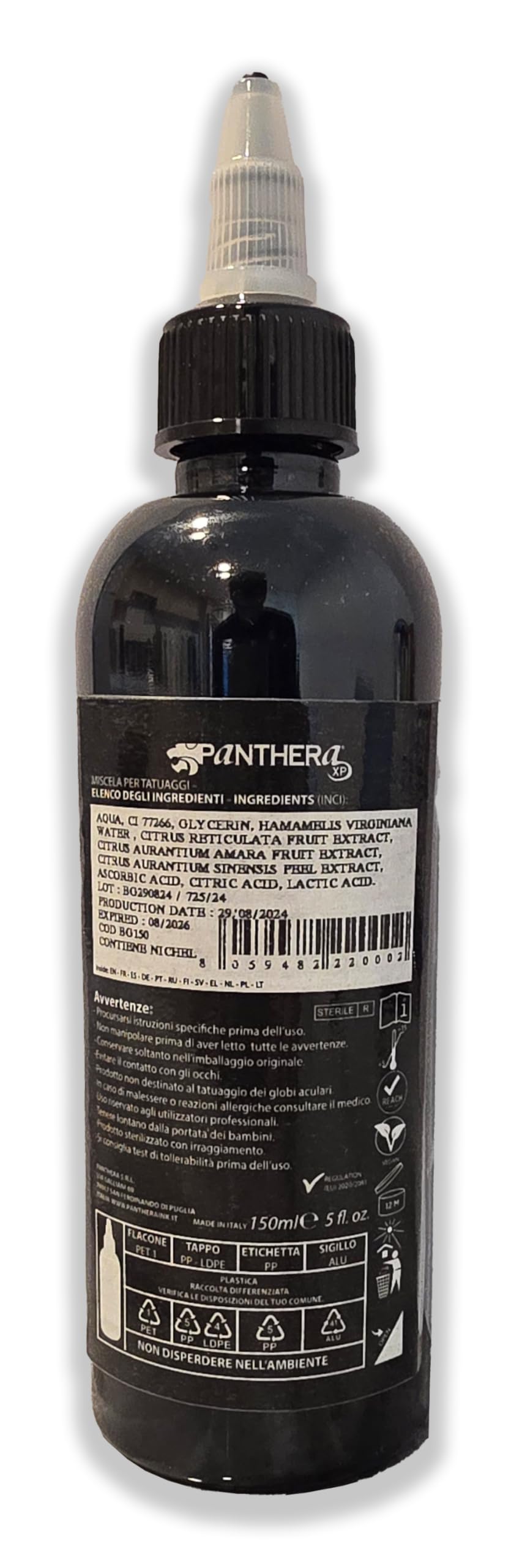 Panthera Black BLK Gold ink bottle close-up highlights smooth flow for even shading.