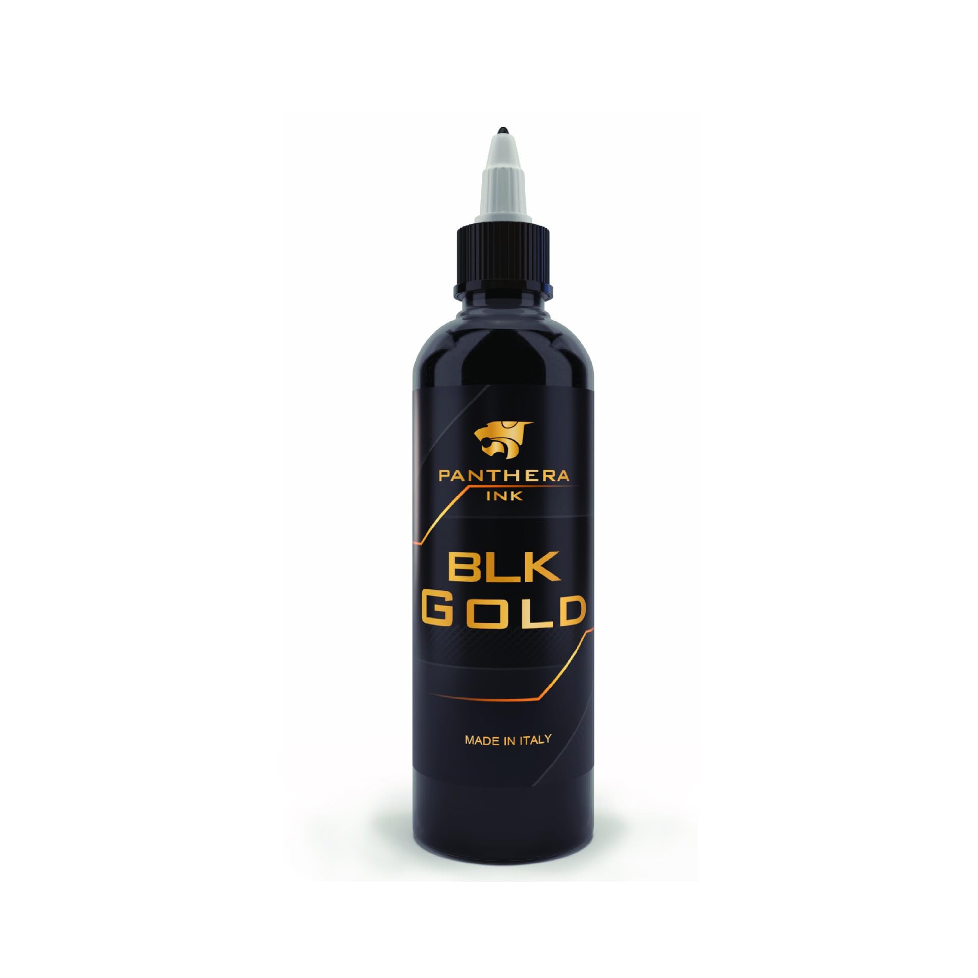 Panthera Black BLK Gold tattoo ink bottle shows vivid, deep black pigment for bold lines.
