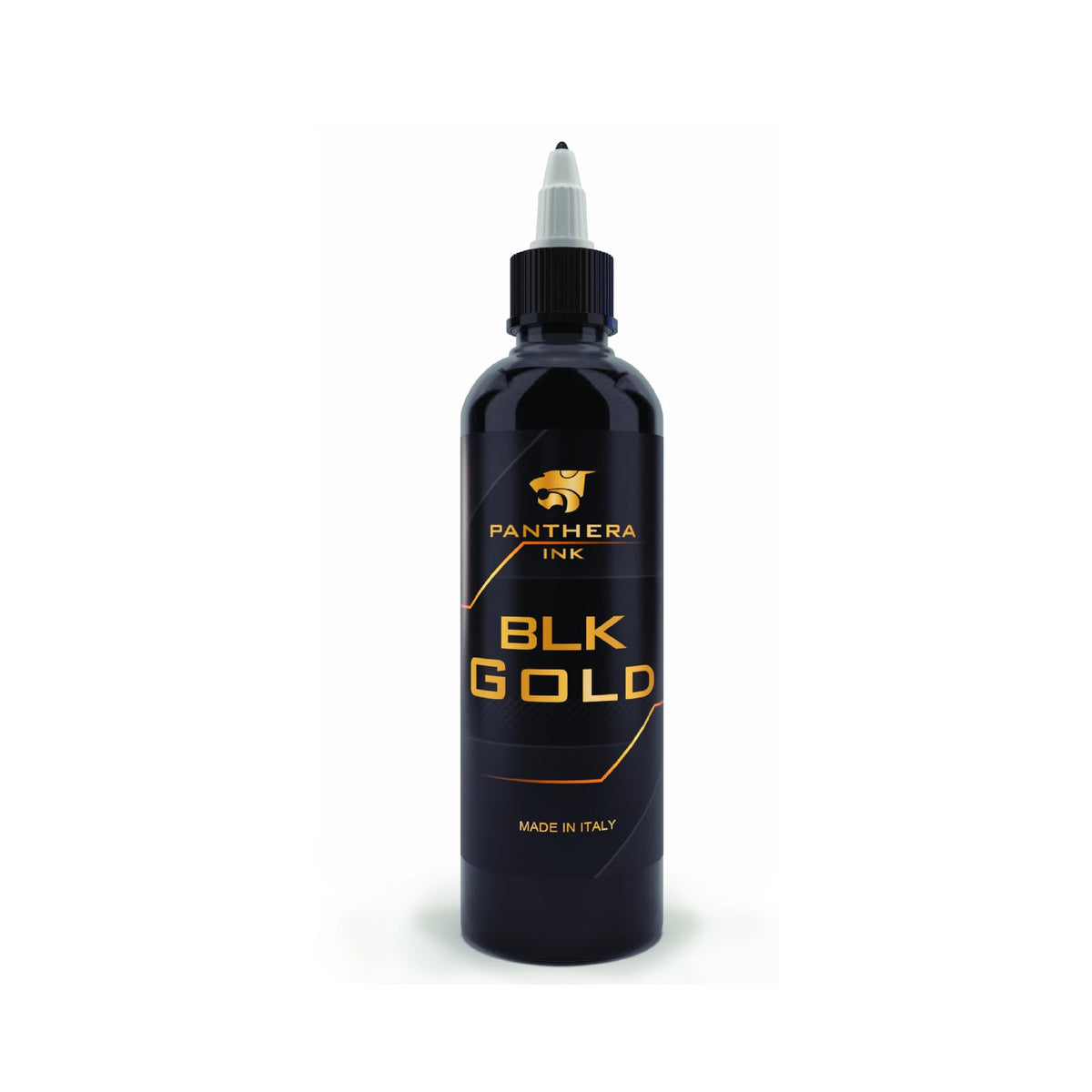 Panthera Black BLK Gold tattoo ink bottle shows vivid, deep black pigment for bold lines.