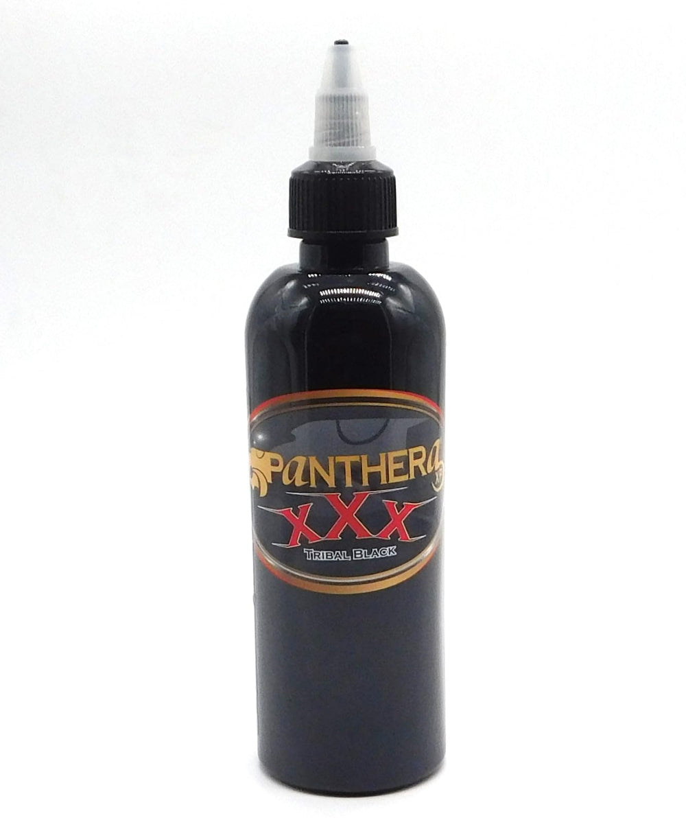 Panthera XXX concentrated tribal black ink bottle shows deep black payoff for bold tattooing.