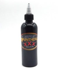 Panthera XXX concentrated tribal black ink bottle shows deep black payoff for bold tattooing.