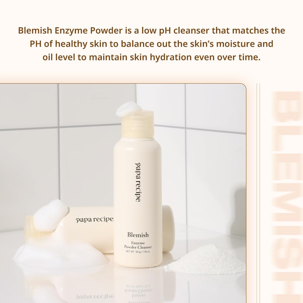 Papa Recipe blemish enzyme powder closeup of papain enzymes for pore-clearing action.