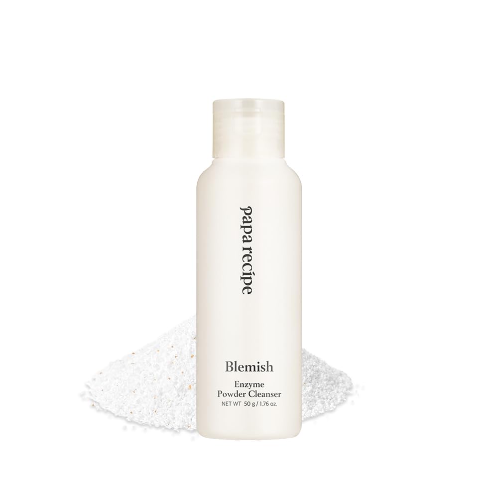 Papa Recipe blemish enzyme powder rice cleanser bottle showing gentle exfoliation for smoother skin.