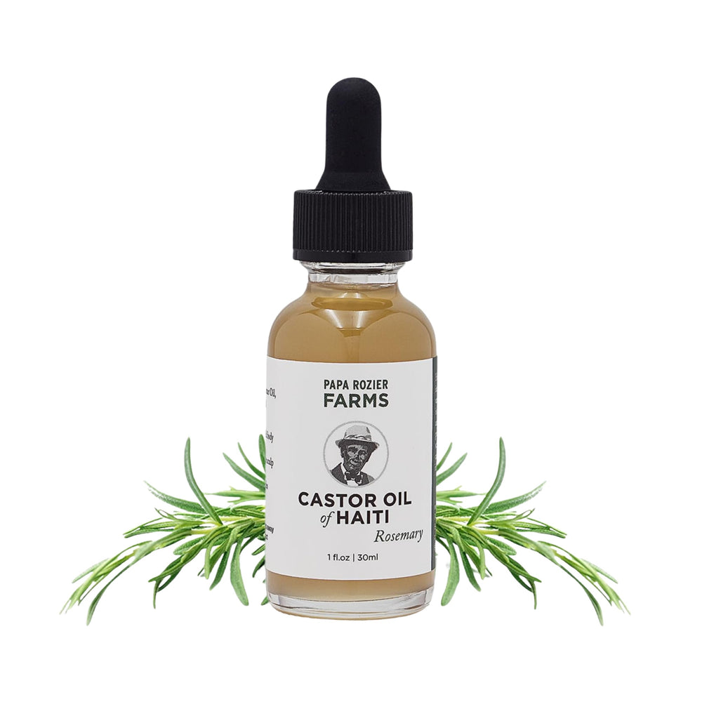 Papa Rozier Farms rosemary castor oil bottle promotes hair growth and scalp nourishment.