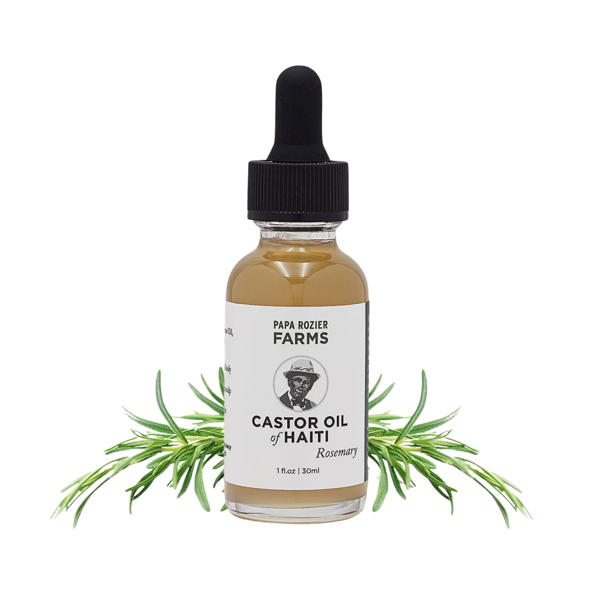Papa Rozier Farms rosemary castor oil bottle promotes hair growth and scalp nourishment.