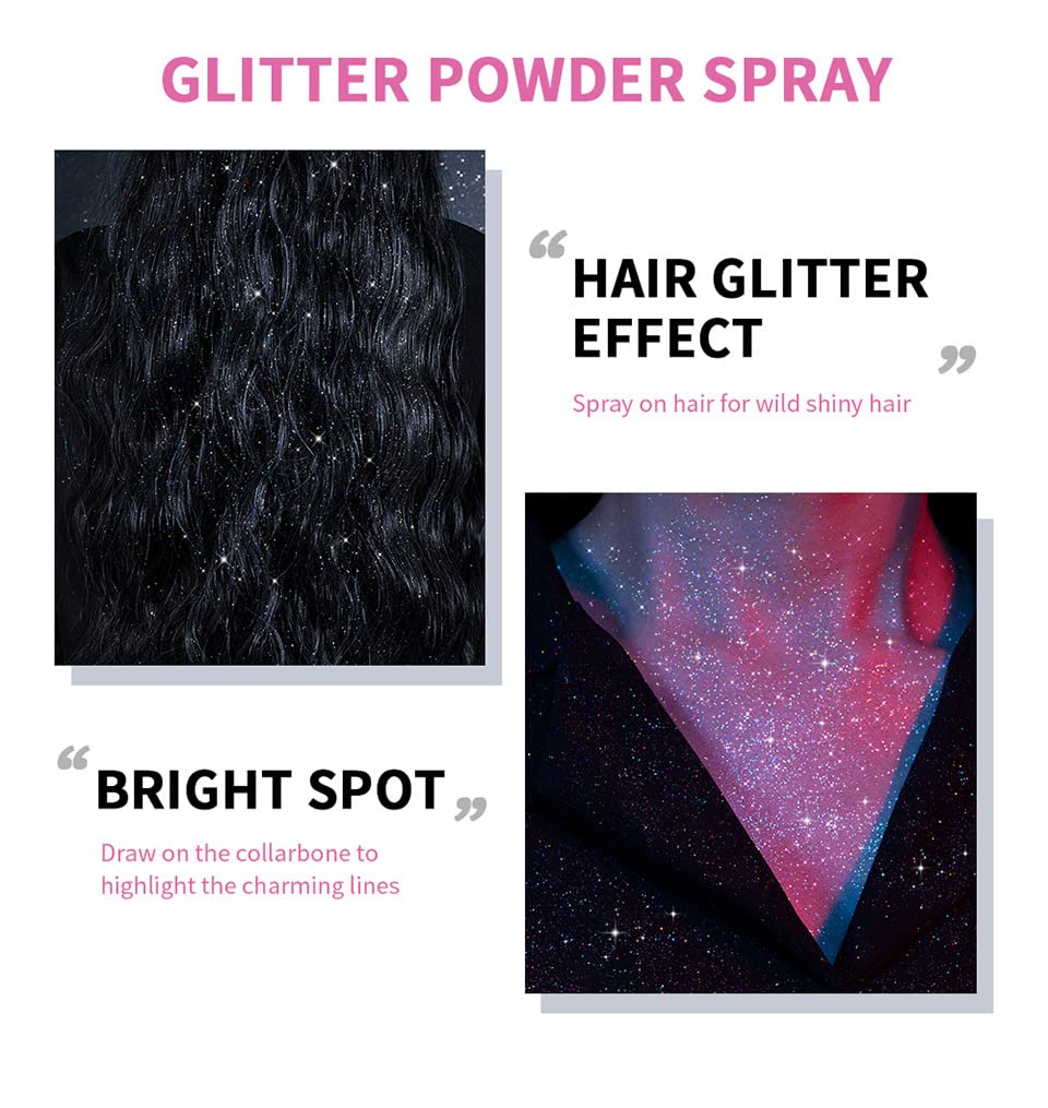 PAQIMAN Glitter Spray under stage lighting highlights reflective shimmer