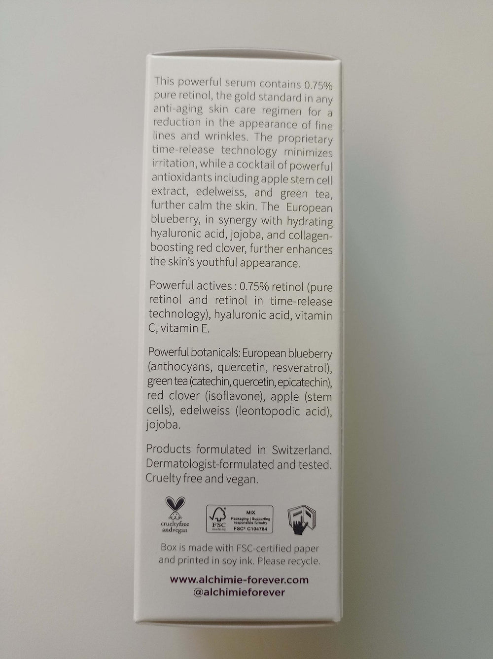 Paraben-free label on Alchimie Forever bottle signals clean formulation