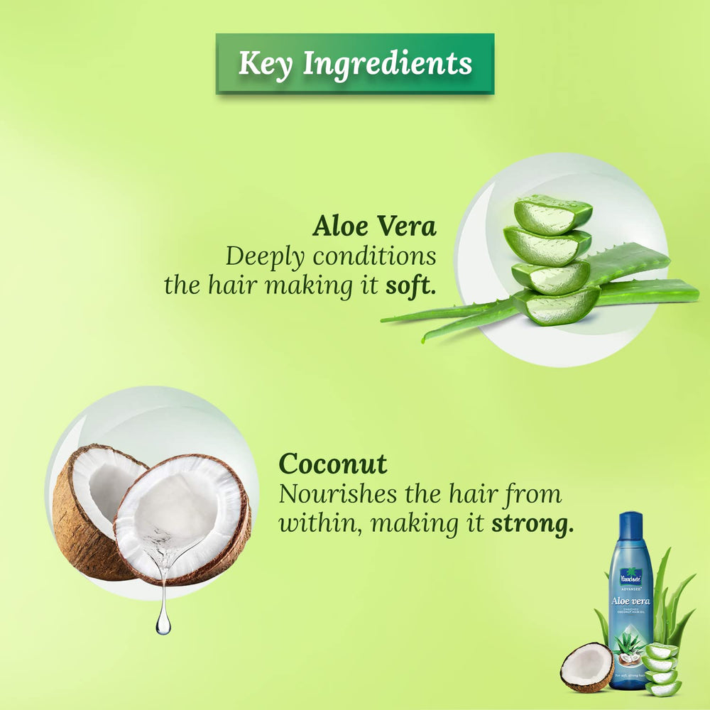 Parachute Advansed Aloe Vera Coconut Hair Oil application scene highlights deep conditioning.
