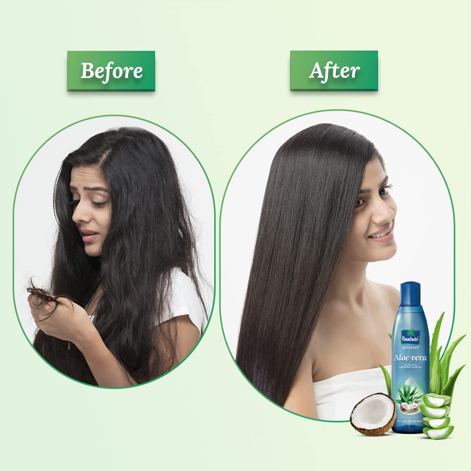 Parachute Advansed Aloe Vera Coconut Hair Oil on scalp for healthy-looking roots.