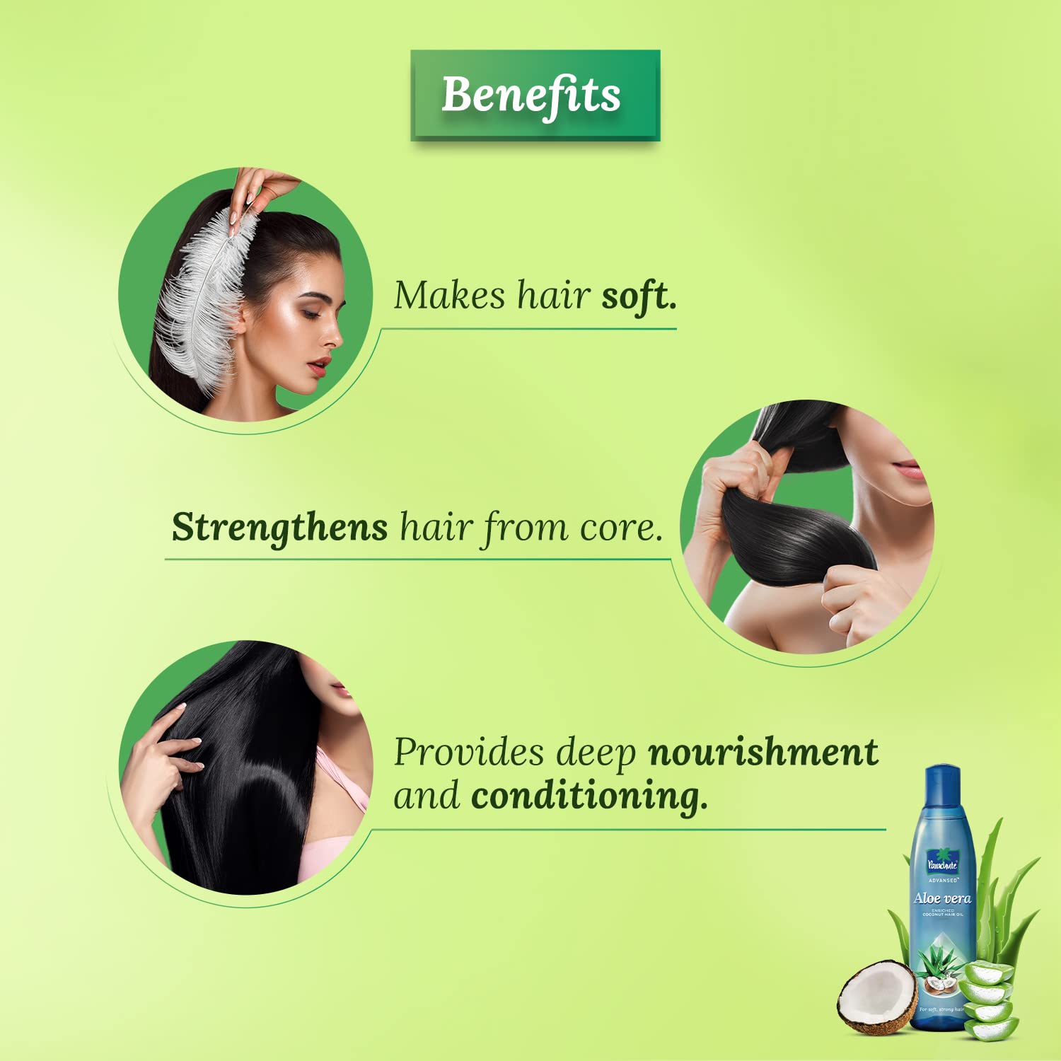 Parachute Advansed Aloe Vera Coconut Hair Oil on hair for softer strands.