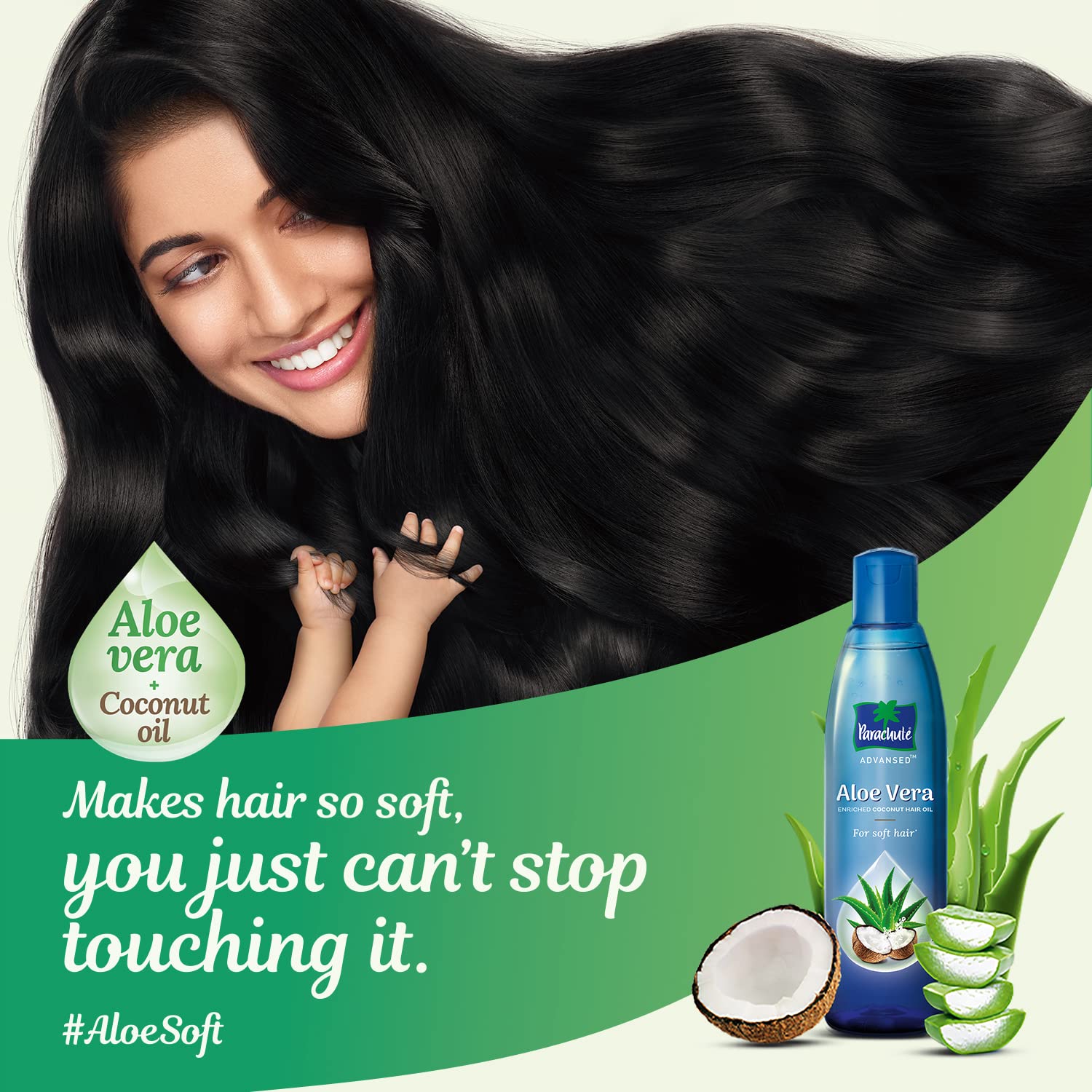 Parachute Advansed Aloe Vera Coconut Hair Oil pour shows easy, quick application.