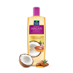 Parachute Advansed Argan Hair Oil bottle shows coconut blend for nourishment.