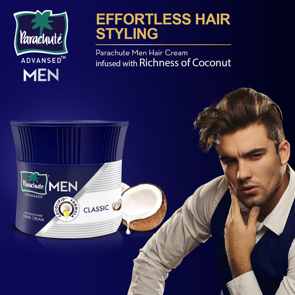 Parachute Advansed Hair Cream for Men bottle close-up highlights coconut formula