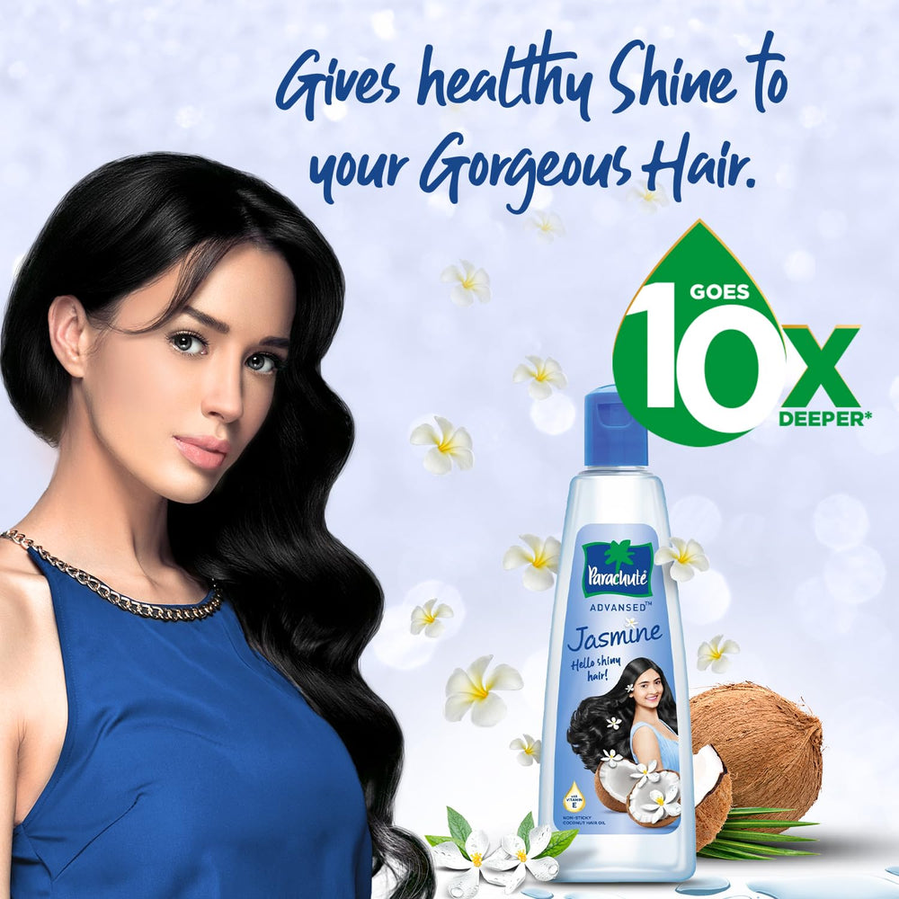 Parachute Advansed Jasmine Coconut Oil application on hair demonstrates nourishing care.