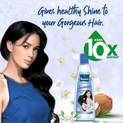 Parachute Advansed Jasmine Coconut Oil application on hair demonstrates nourishing care.