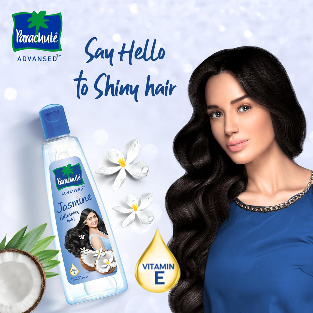 Parachute Advansed Jasmine Coconut Oil hair shine closeup shows luster and vitality.