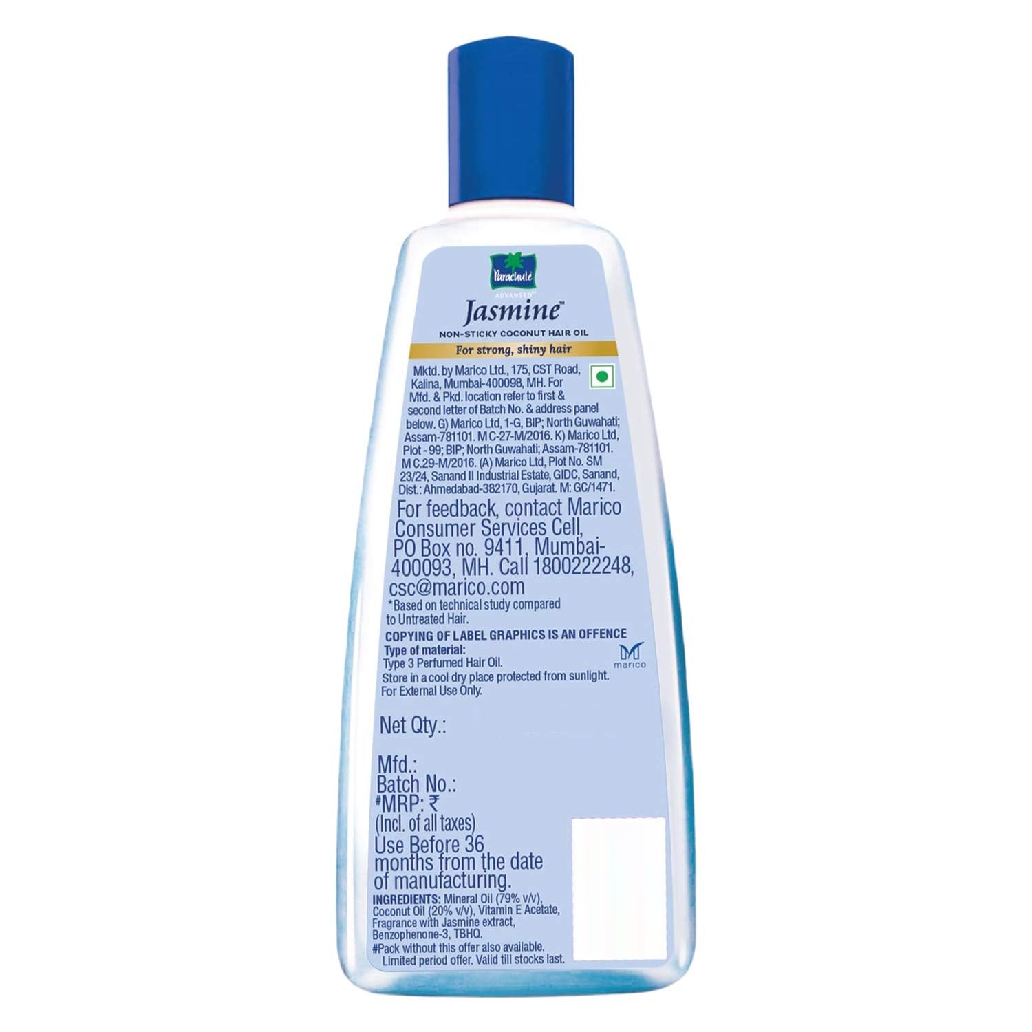 Parachute Advansed Jasmine Coconut Oil packaging back view shows product details.