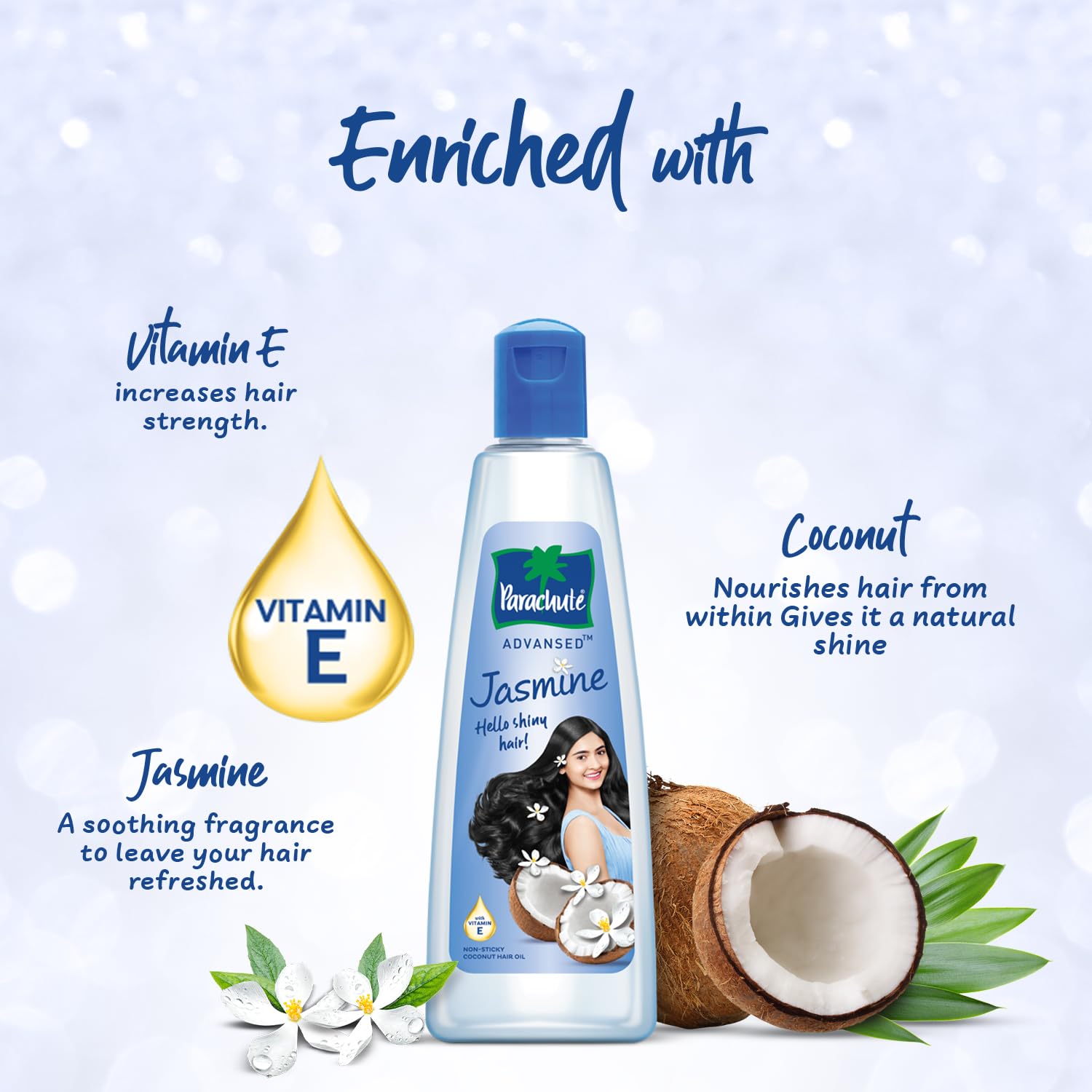 Parachute Advansed Jasmine Coconut Oil packaging label highlights coconut and jasmine extracts.