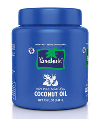 Parachute Coconut Oil bottle shows purity for skin and hair use.