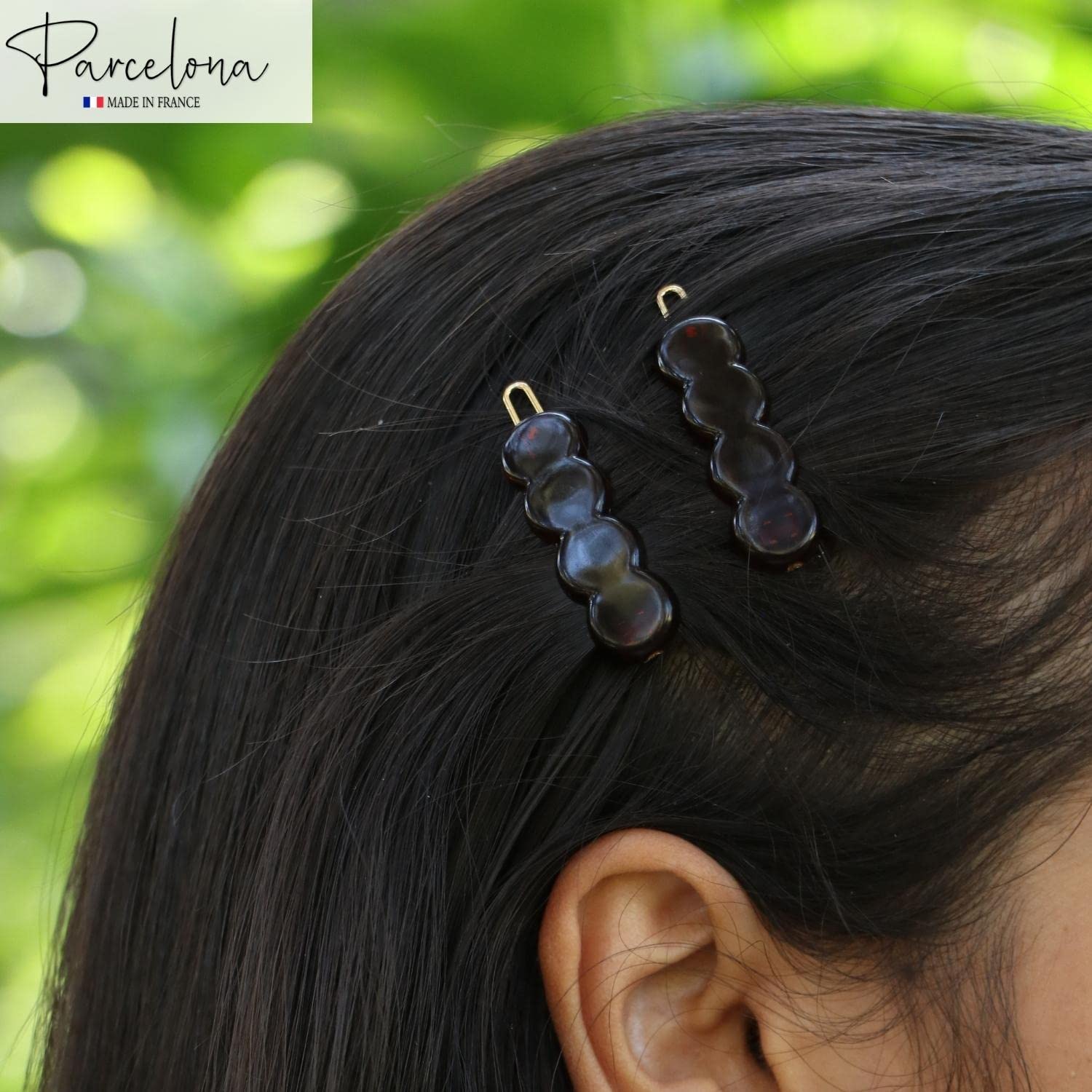 Parcelona France-made circle-scallop clip closeup in brown for subtle elegance
