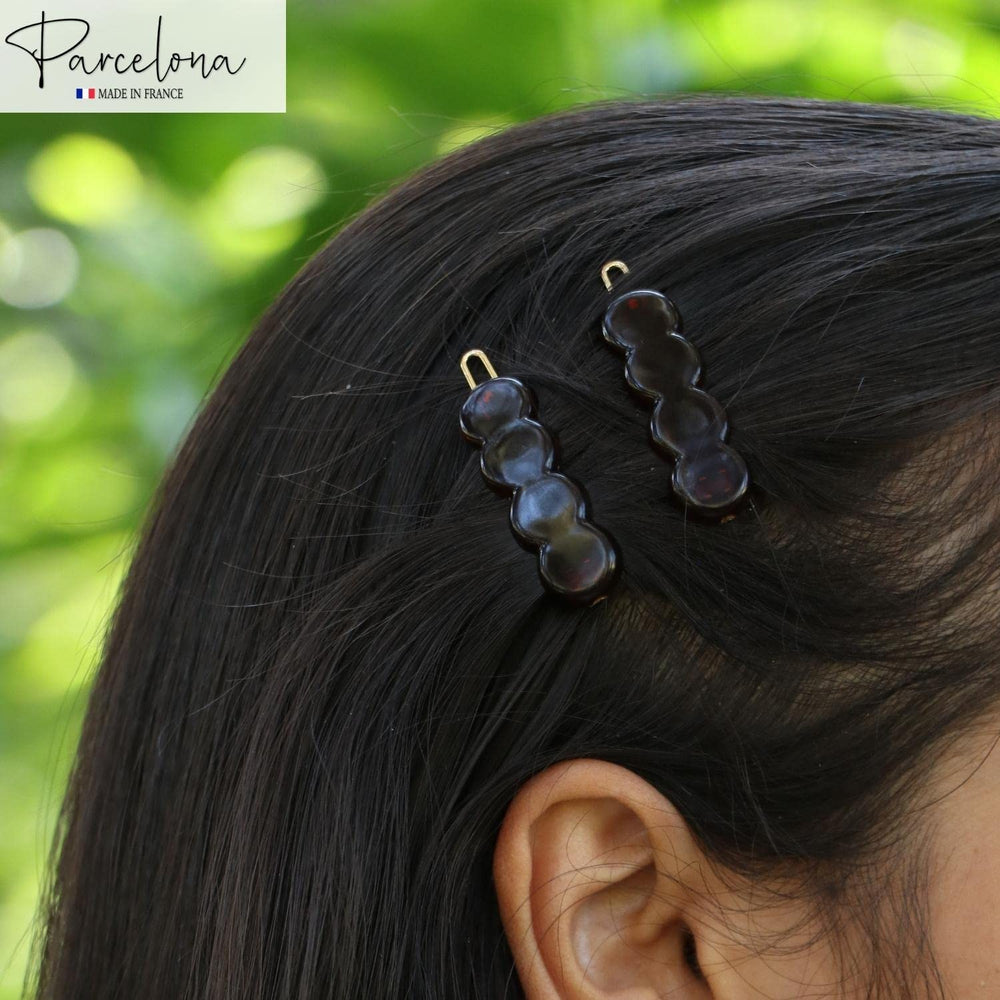 Parcelona France-made circle-scallop clip closeup in brown for subtle elegance