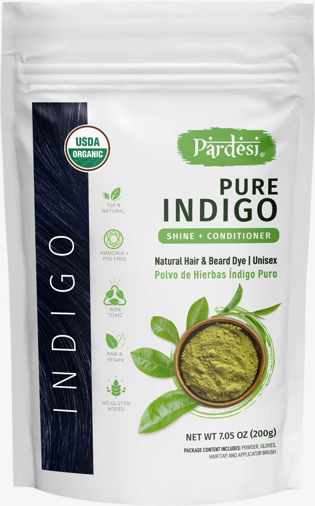 Pardesi Indigo powder packshot showing natural hair color option