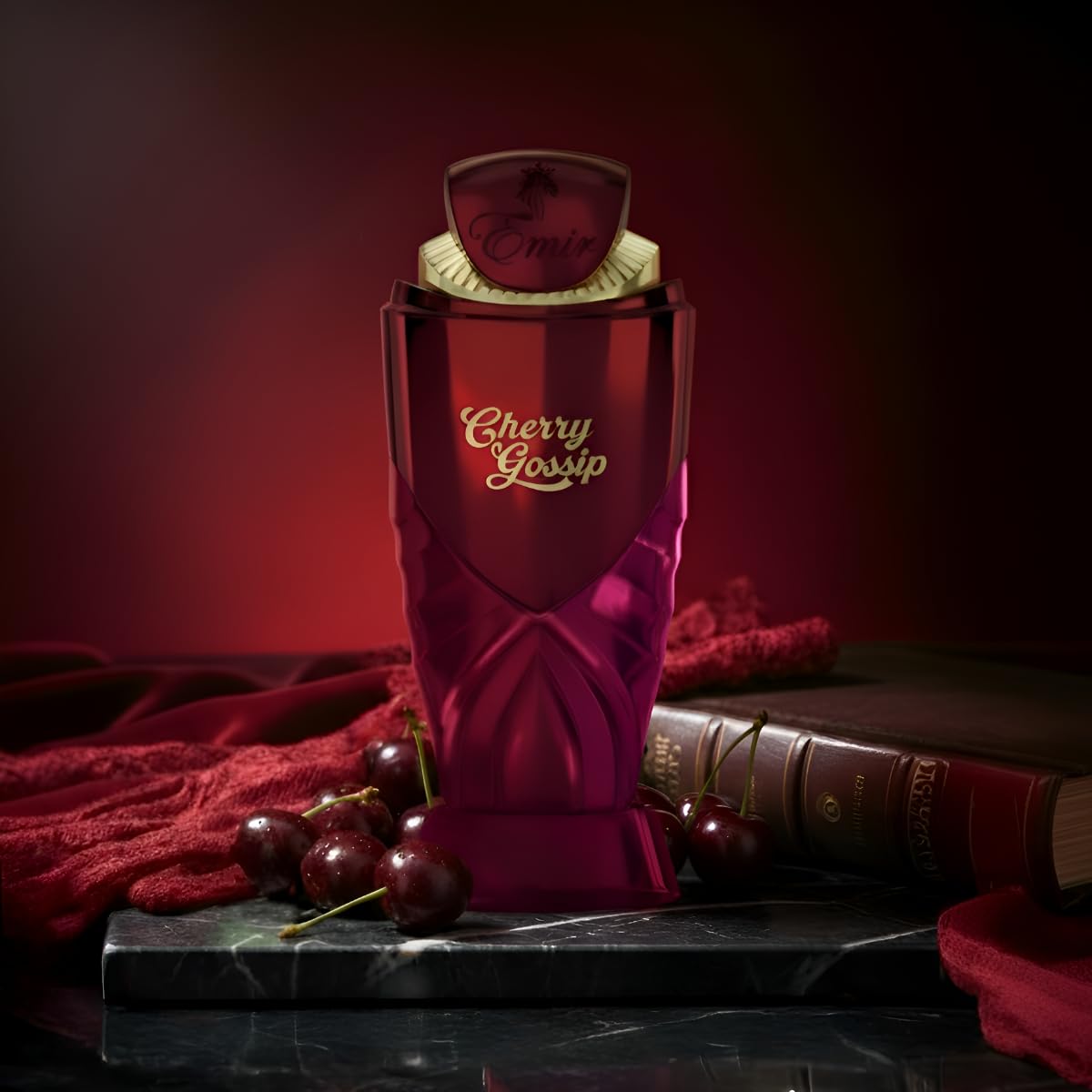Cherry Gossip glossy label on the bottle emphasizes a bold gourmand character.