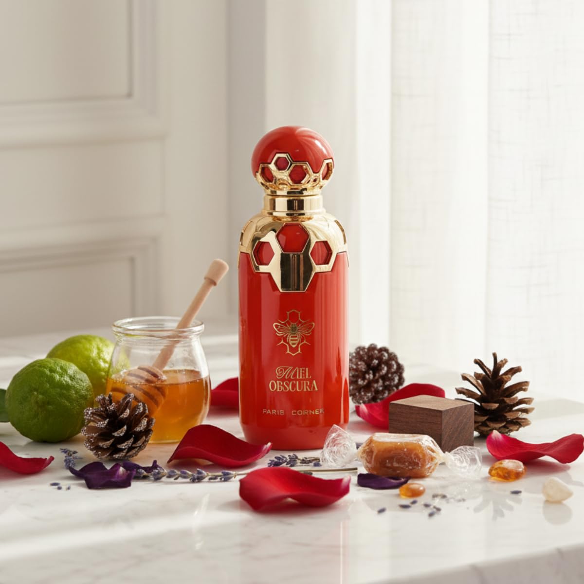 Amber bottle of Paris Corner Miel Obscura reflects refined craftsmanship and warmth