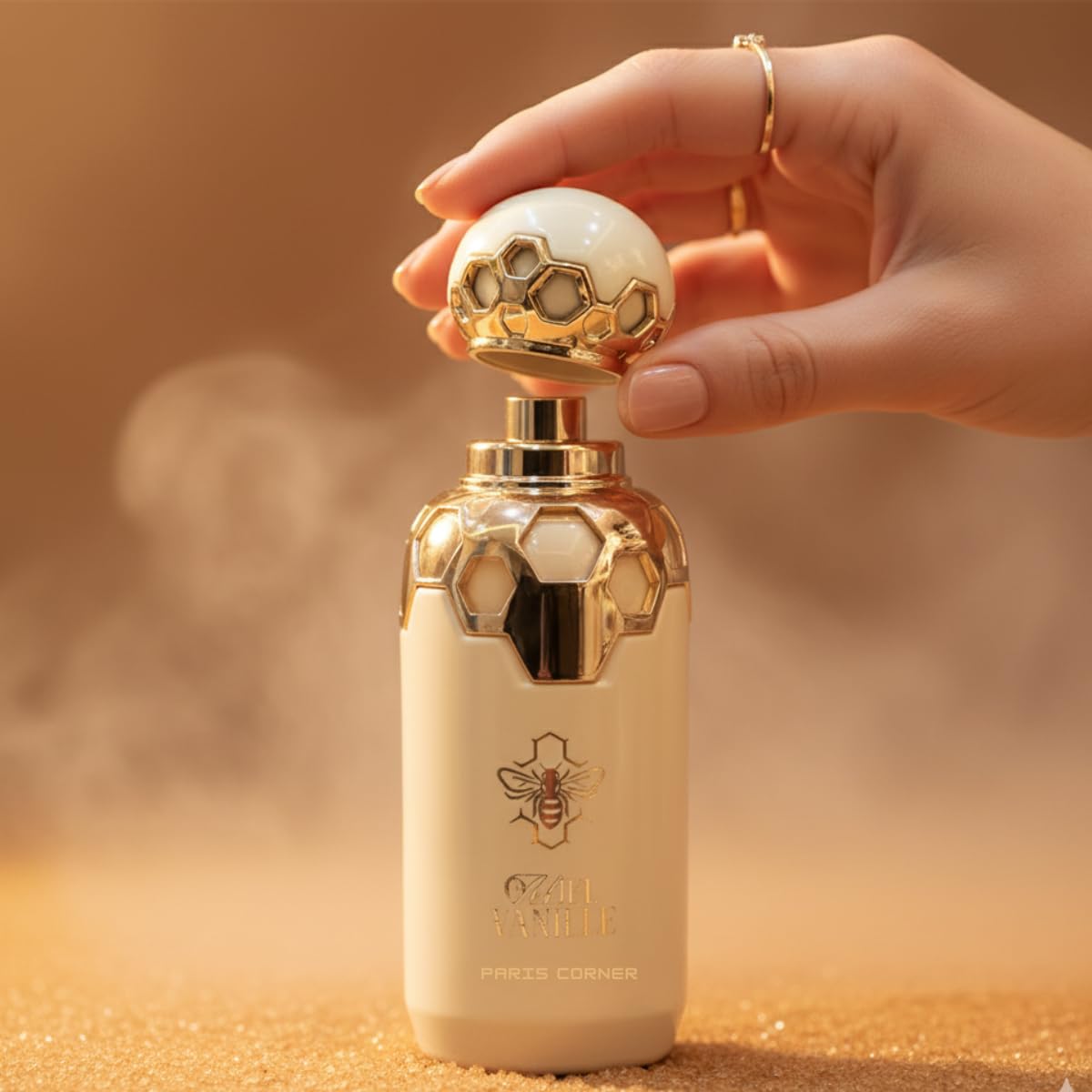 Paris Corner Miel Vanille ivory bottle with gold accents conveys refined sophistication.