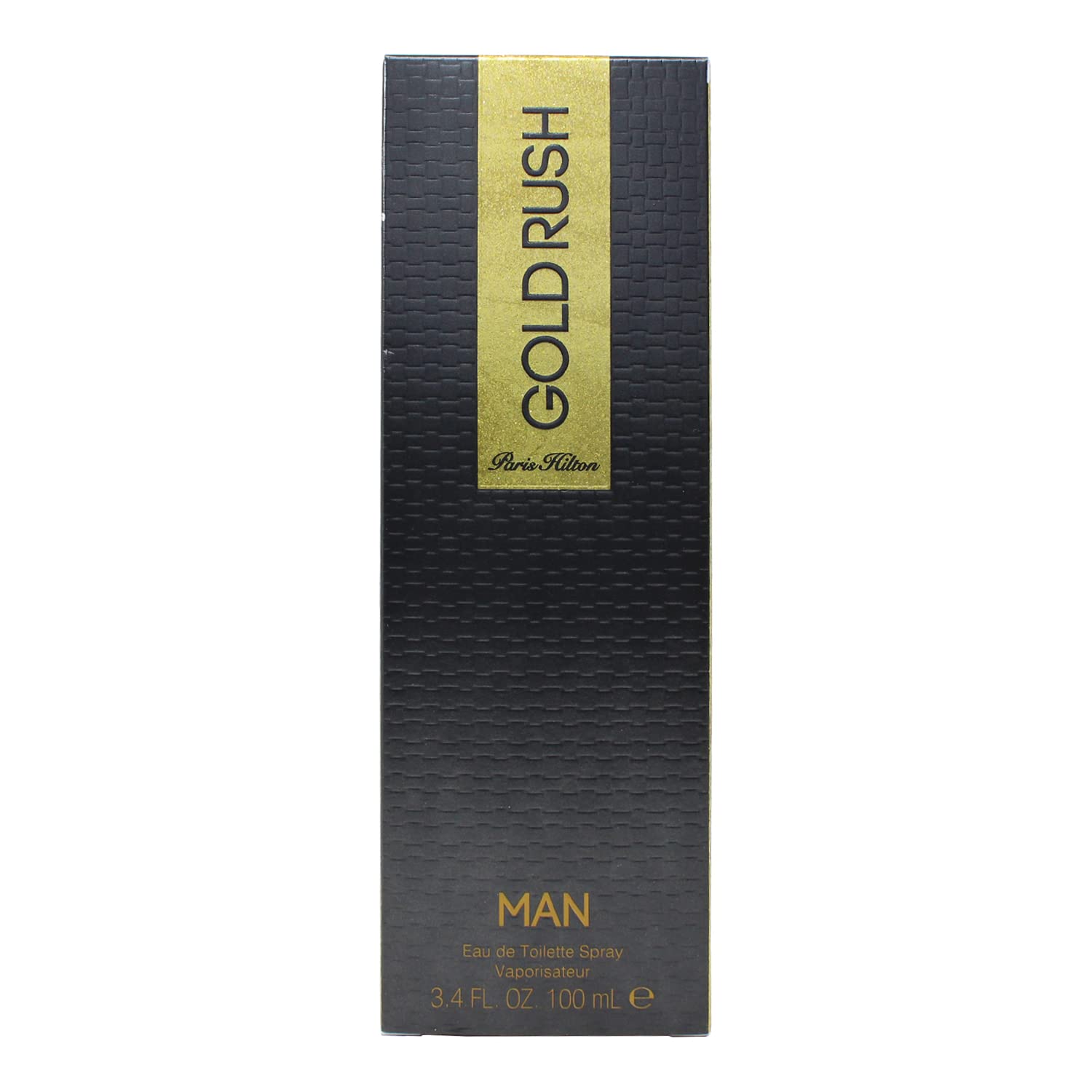 Paris Hilton Rush Man Gold bottle front view showing premium design for daily wear.