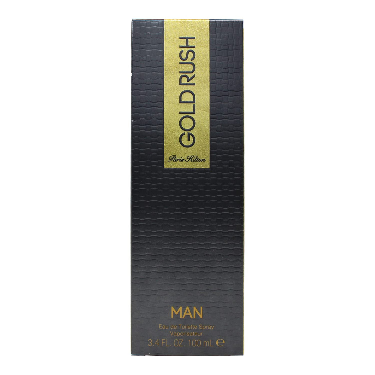 Paris Hilton Rush Man Gold bottle front view showing premium design for daily wear.