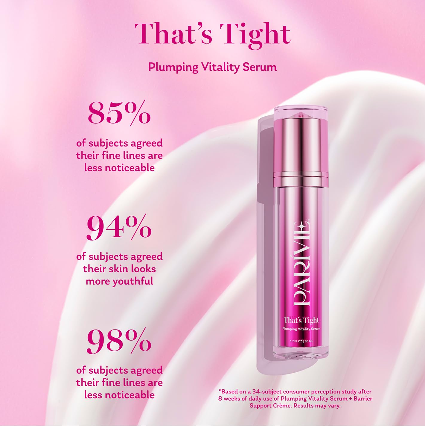 Parívie firming and radiance visual suggests refreshed, toned skin