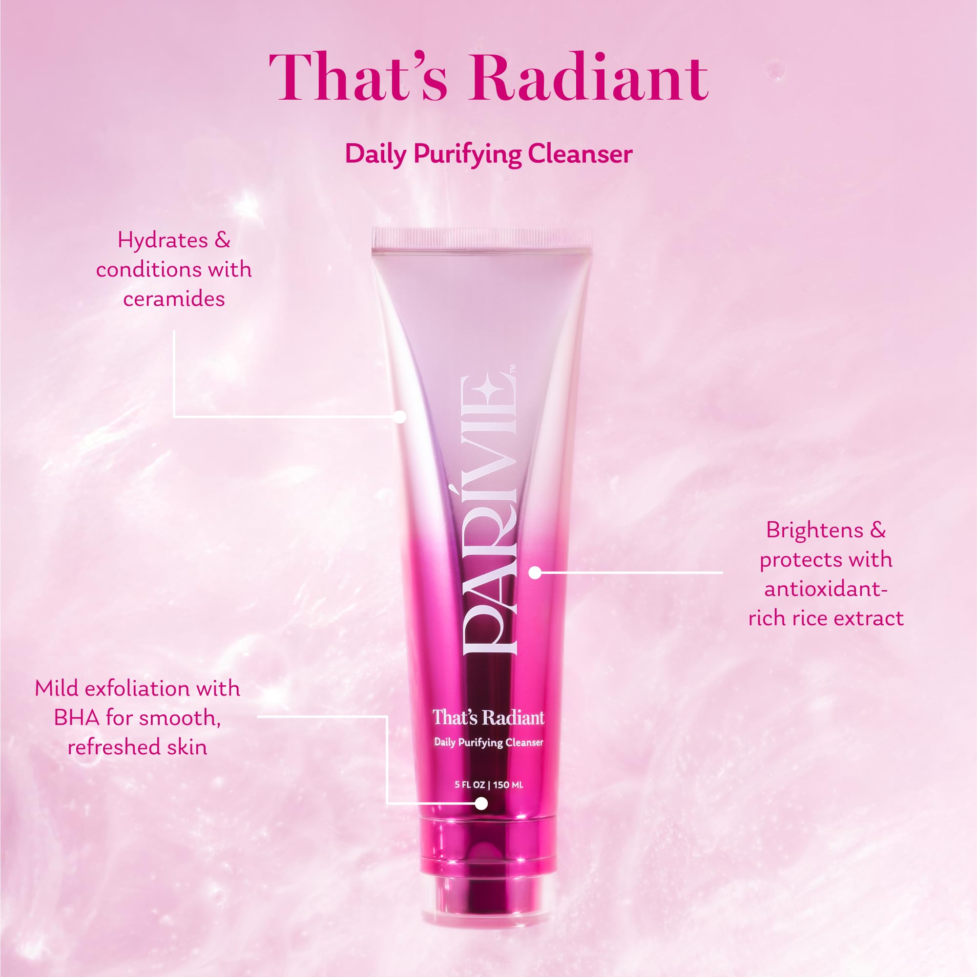 Parívie That’s Radiant Daily Purifying Cleanser on hand showing light foam
