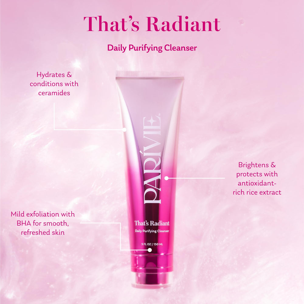 Parívie That’s Radiant Daily Purifying Cleanser on hand showing light foam