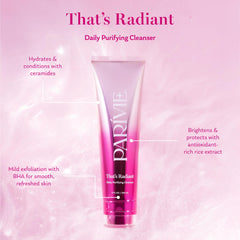 Parívie That’s Radiant Daily Purifying Cleanser on hand showing light foam