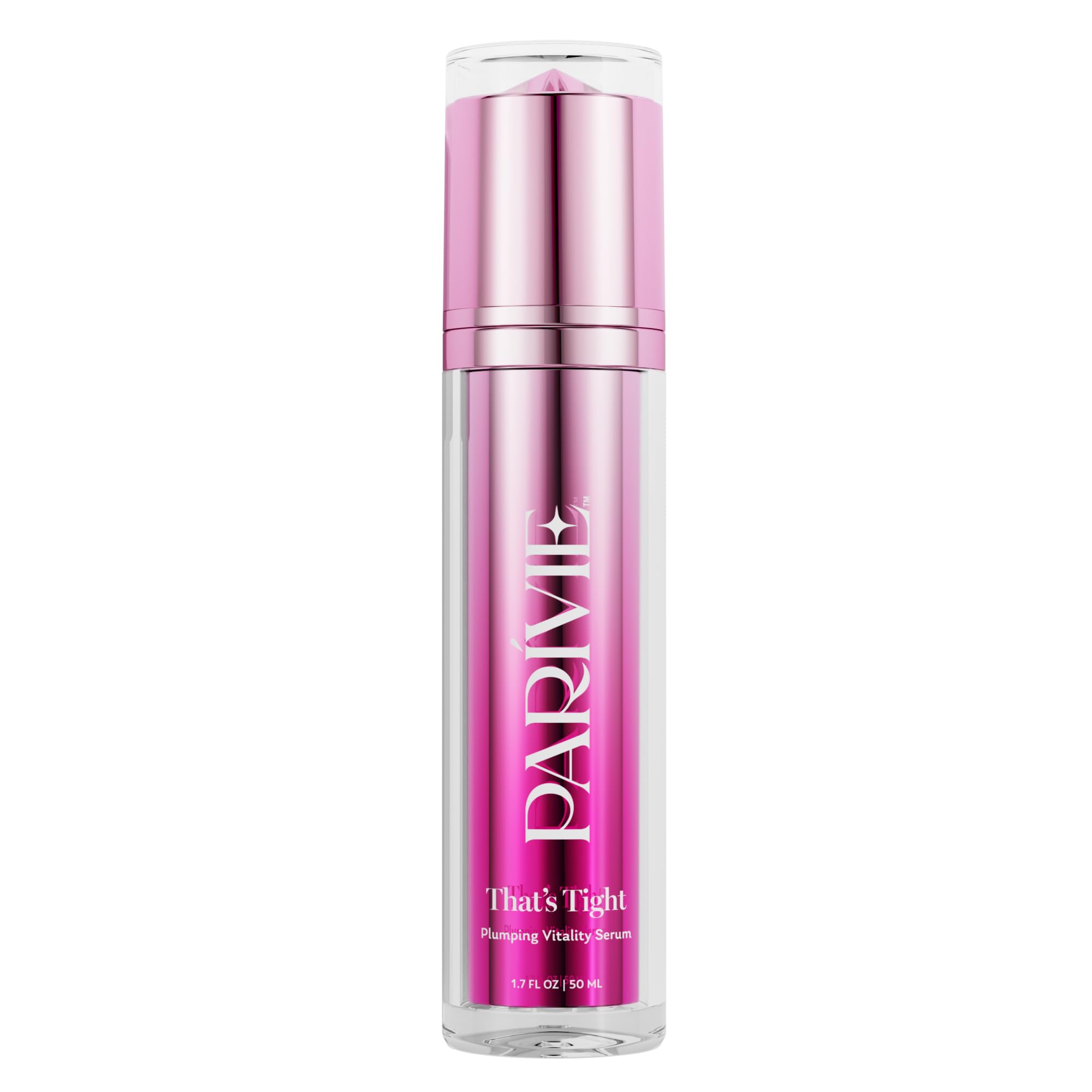 Parívie That’s Tight serum bottle shows instant plumping and firming potential