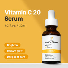 Park's Choice Vitamin C 20 Serum drops on skin showing gentle, even application