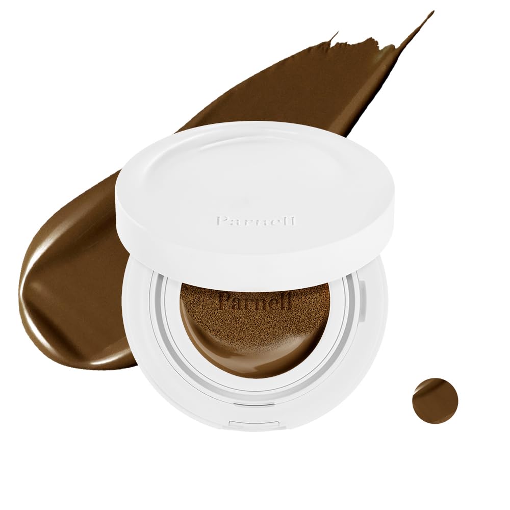 Parnell Cicamanu Serum Cushion hot fudge bottle highlighting hydrating formula for radiant glow.