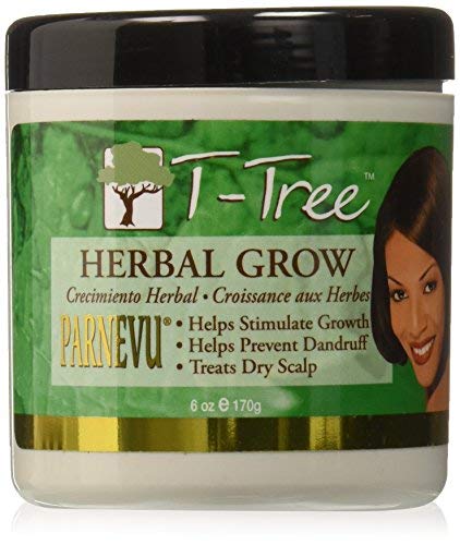 Parnevu T-Tree Herbal Grow Oil label closeup highlights herbal ingredients.