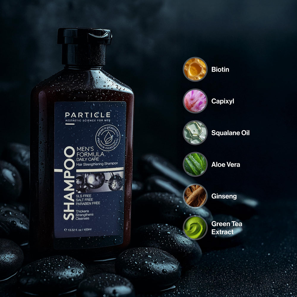 Particle Hair Thickening Shampoo bottle highlights a crisp masculine fragrance for a refreshed shower.