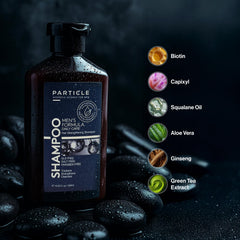 Particle Hair Thickening Shampoo bottle highlights a crisp masculine fragrance for a refreshed shower.