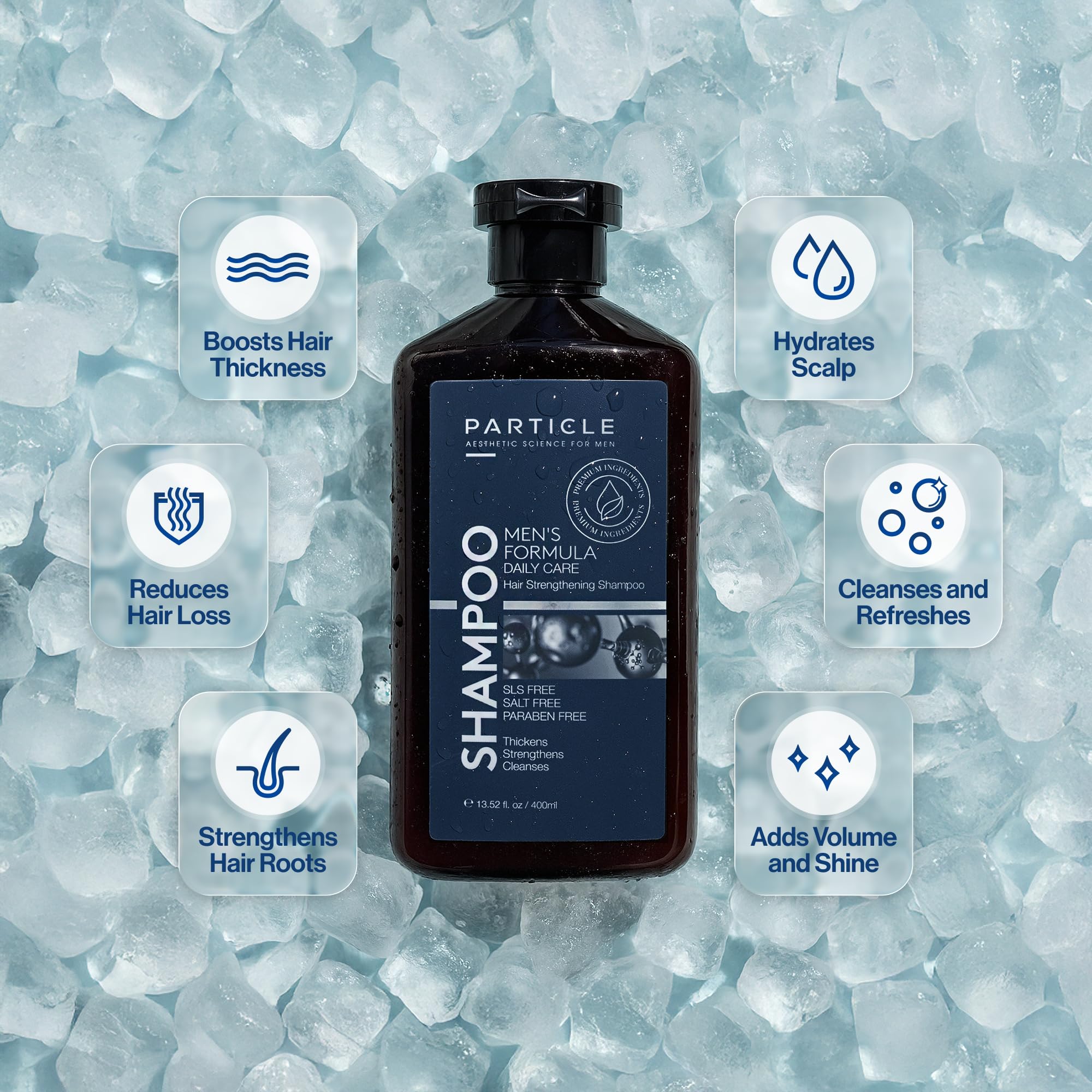Particle Hair Thickening Shampoo lather in hand demonstrates easy rinse and daily-use cleansing.