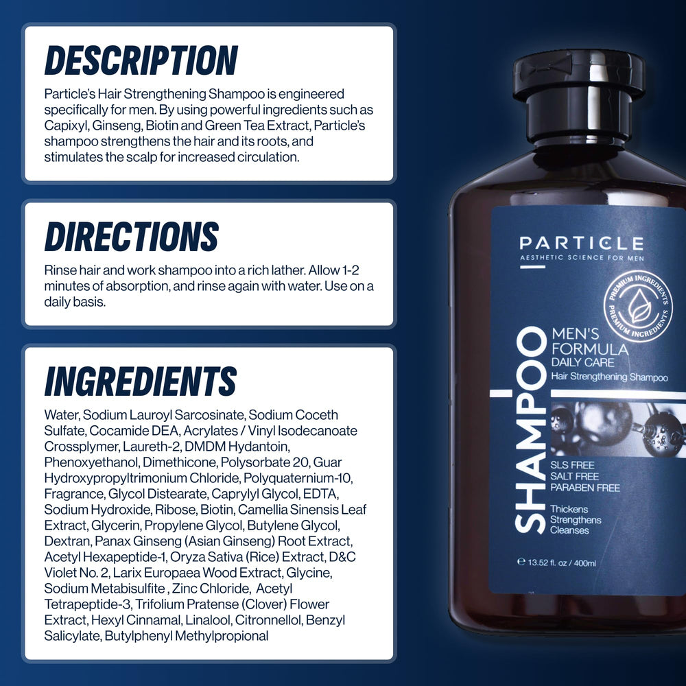 Particle shampoo bottle emphasizes paraben-free formula for gentle cleansing and scalp wellness.