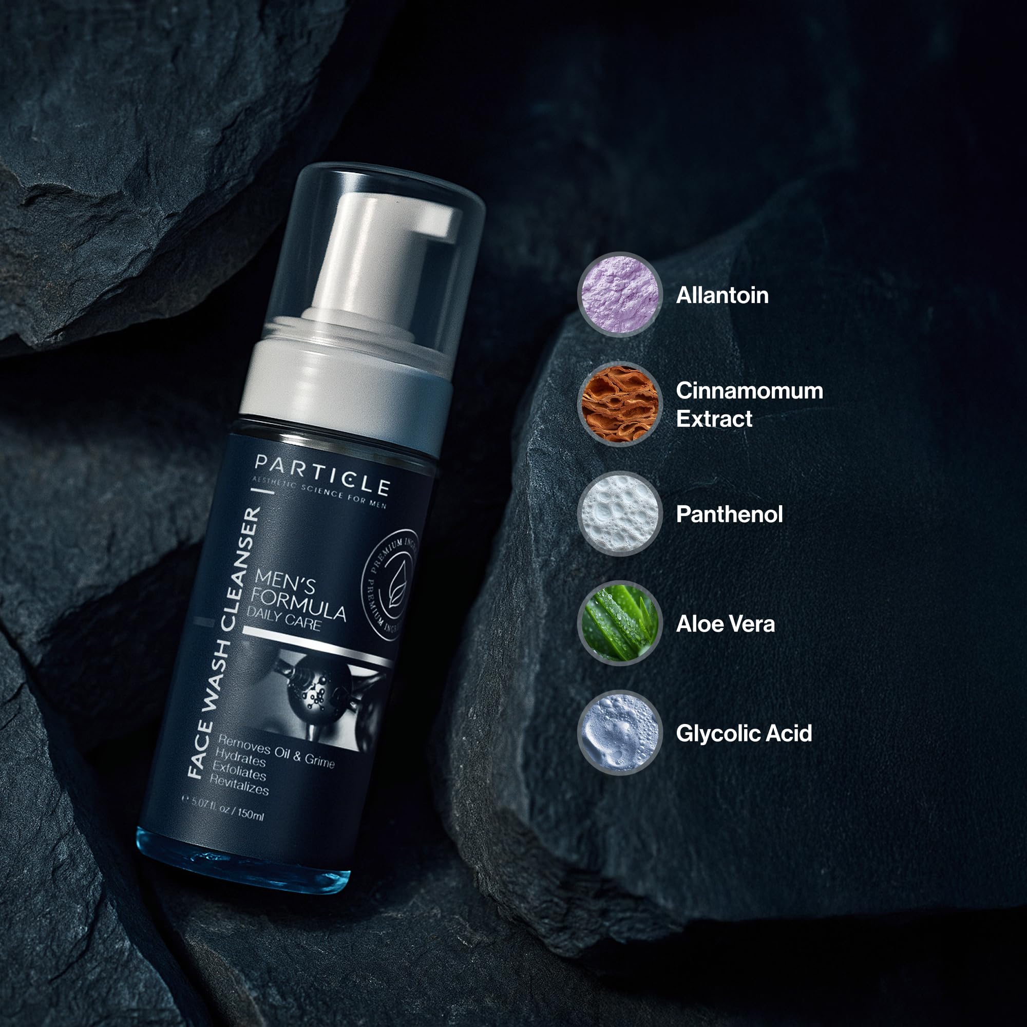 Particle Mens Face Wash close-up showing smooth foam on skin.