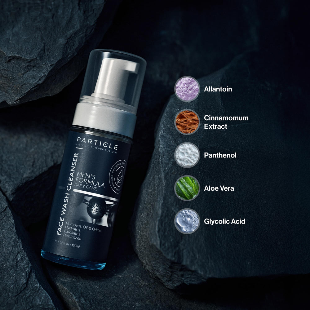Particle Mens Face Wash close-up showing smooth foam on skin.